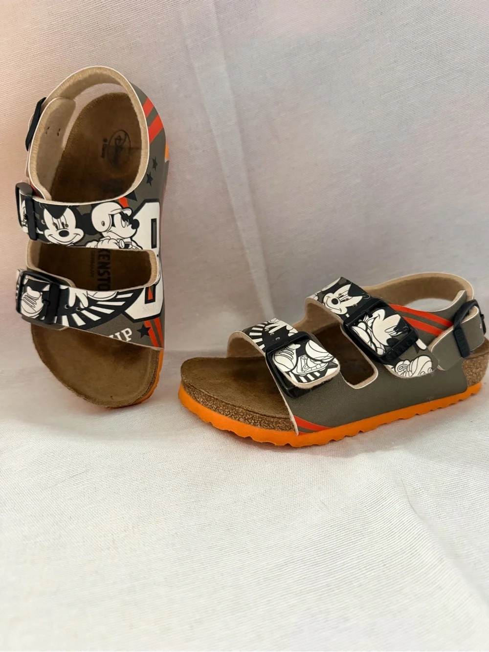 Mikey BirkenstockKids Cartoon-Print Sandal in Black, Orange and White